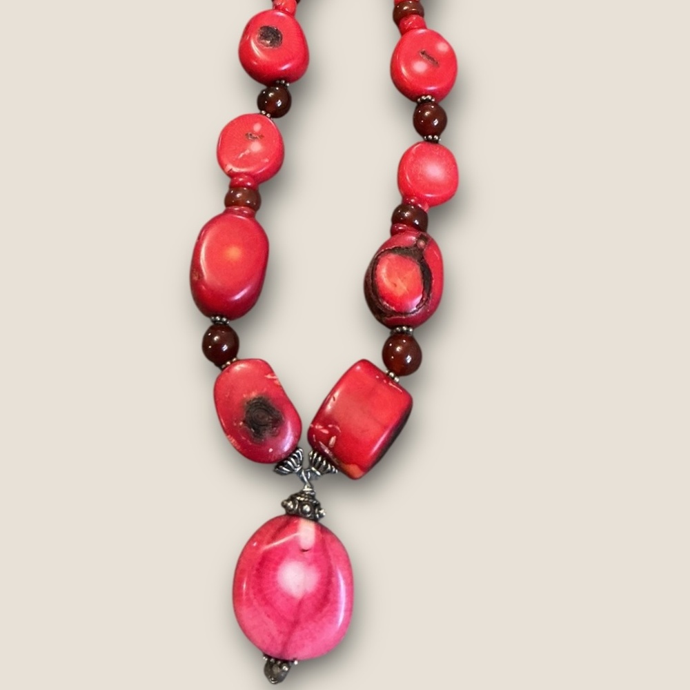 Vintage Artisan Red Dyed Coral Chunky Statement Sterling Silver Necklace